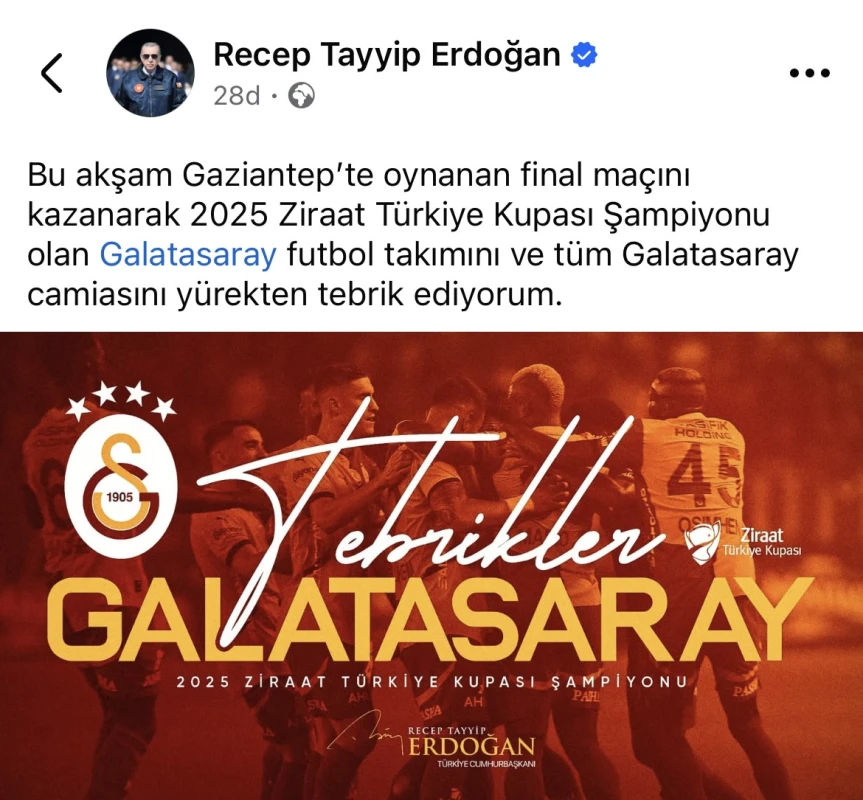 Rəcəb Tayyib Ərdoğan "Qalatasaray"ı təbrik edib - FOTO 